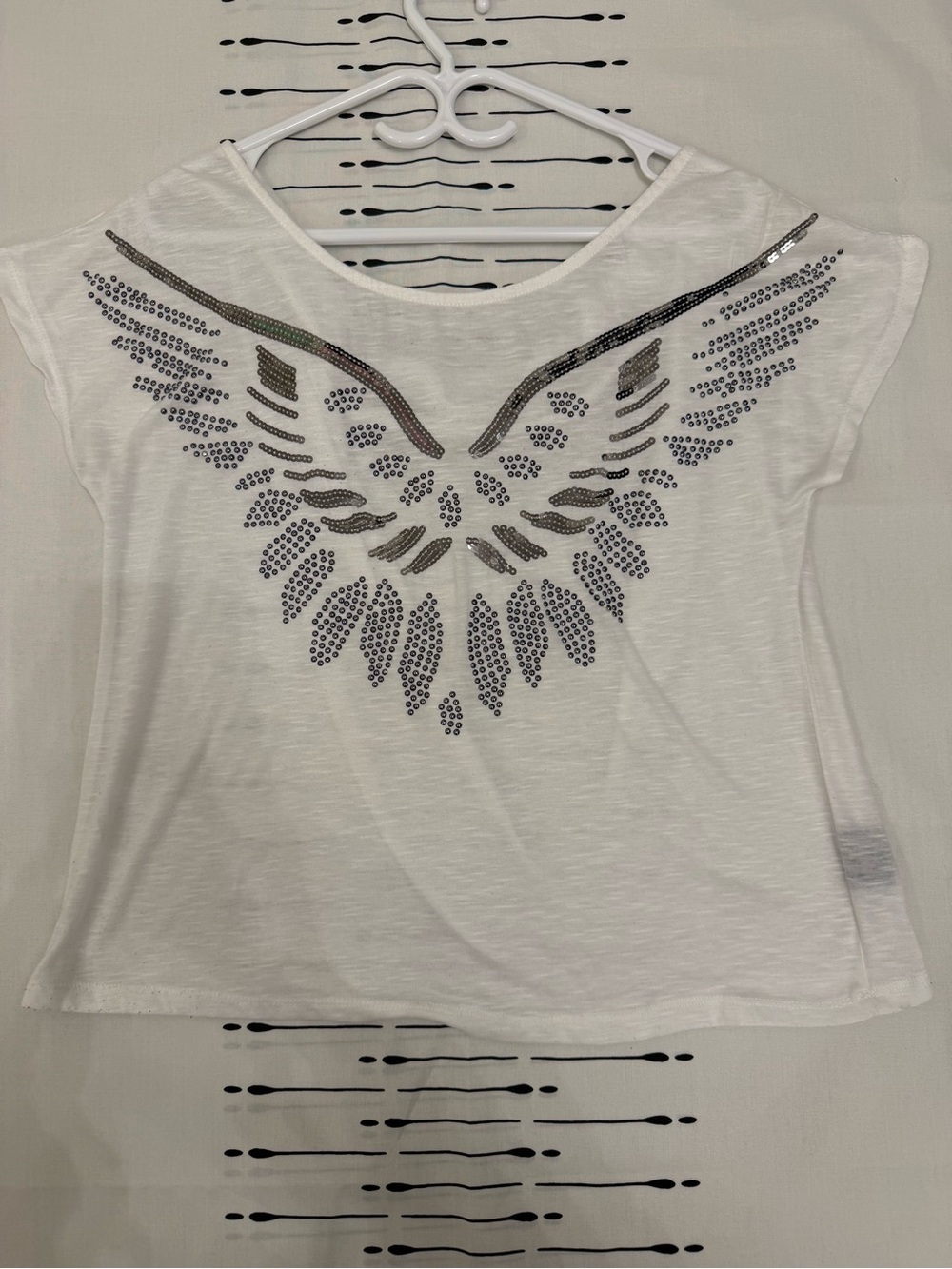 QED London White Short Sleeve Tee with Metallic Wing Sequin Detail